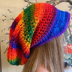 Crochet Super Slouchy Beanie Winter Hat Brim Colorful Stripe Rainbow Boho Hippie